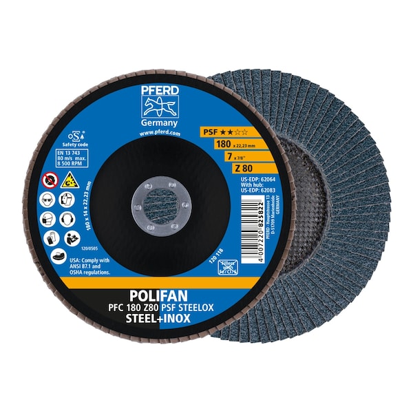 Pferd 7" x 7/8" A.H. POLIFAN Flap Disc - Z PSF STEELOX, Zirconia, 80 Grit, Conical 62064 - main